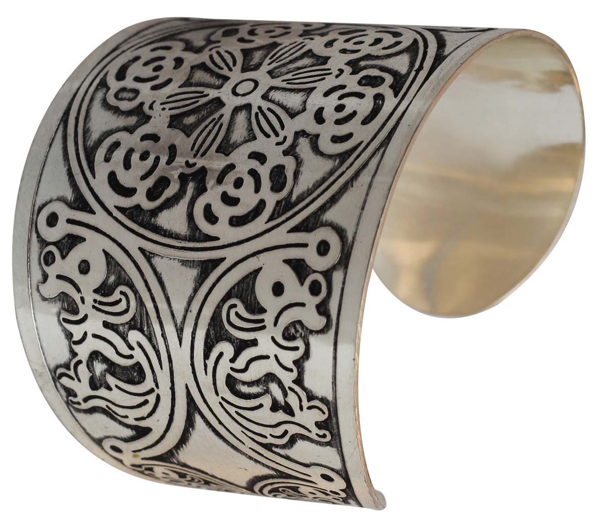 Wholesale Bracelets from India – Antique-Look Cuff Bracelet – Cast in Brass – Nickel Plated & Black Shading – Floral Motifs – Bracelets in Bulk